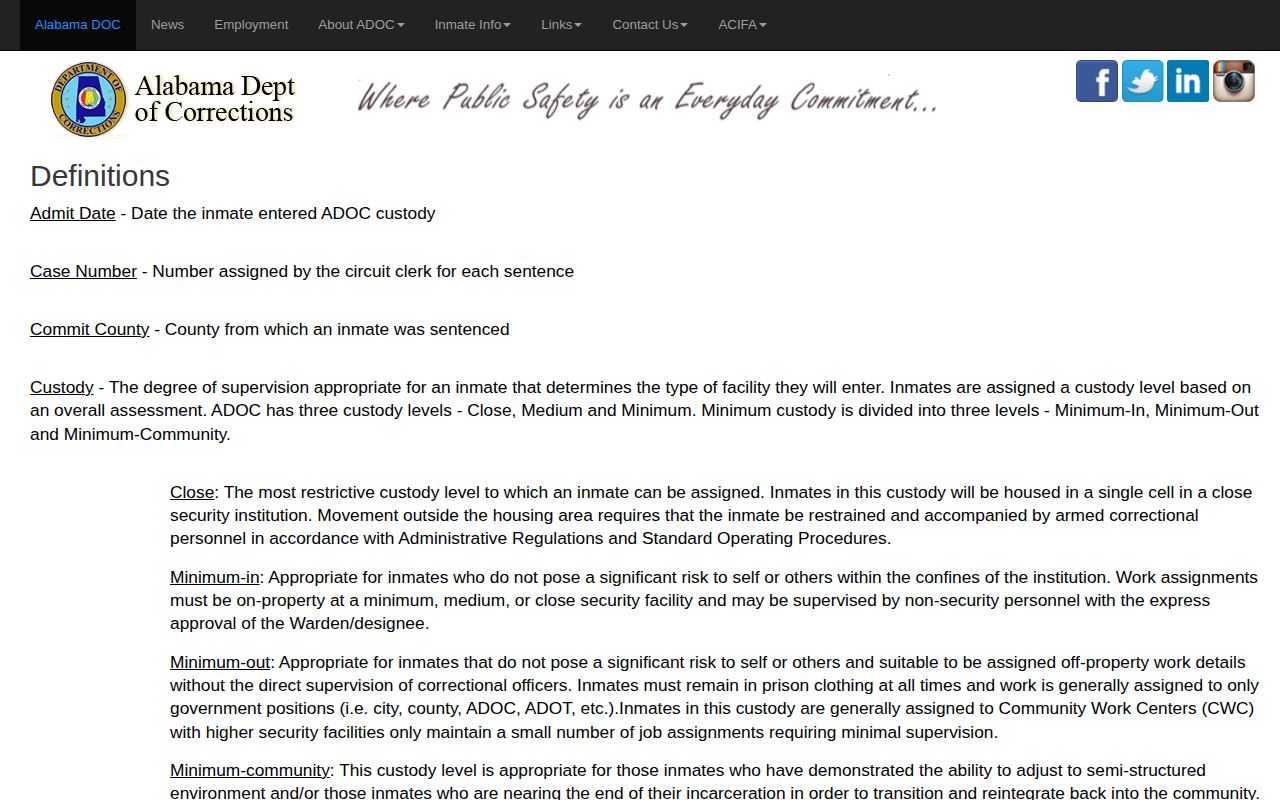 Henry County inmate release date terminology on ADOC definitions page
